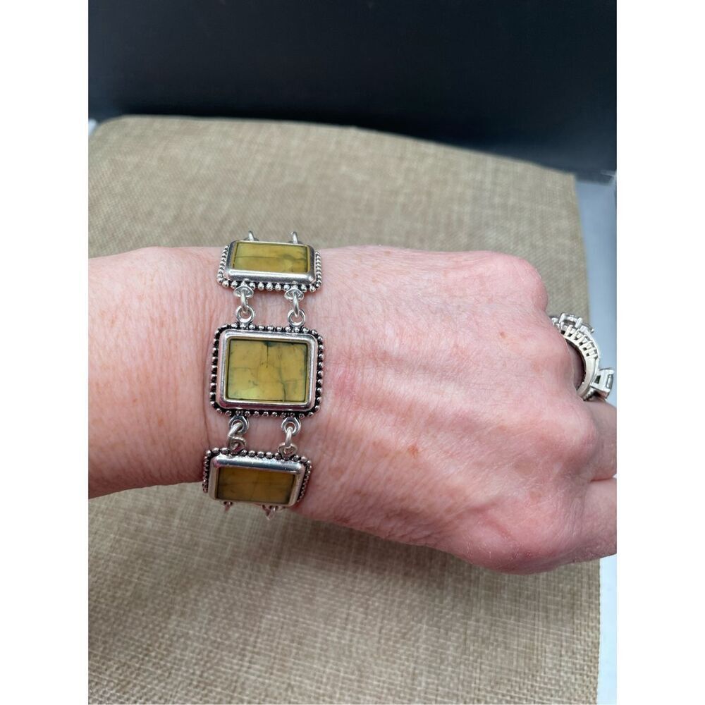 Premier Designs Yellow  Silver Tone Panel Link Bracelet Toggle Reversible